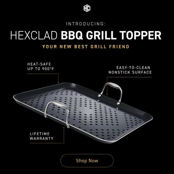 An ad by HexClad in Meta's Ad Library: a black grill topper with callouts for heat-safe up to 900°F, easy-to-clean nonstick surface and lifetime warranty
