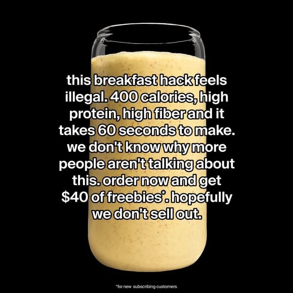 An ad by Huel in Meta's Ad Library: a glass of yellow shake on black behind the words 400 calories, high protein, high fiber and it takes 60 seconds to make
