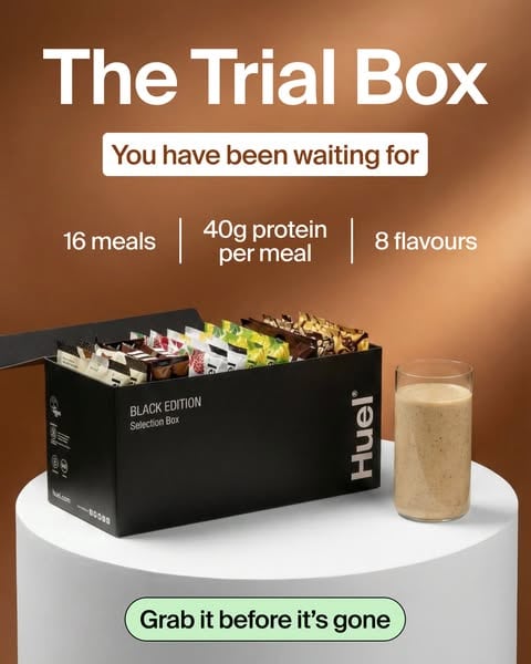 An ad by Huel in Meta's Ad Library: a black Huel Black Edition box and a glass of shake under The Trial Box with 16 meals, 40g protein per meal and 8 flavours