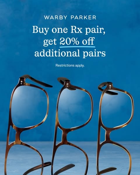 An ad by Warby Parker in Meta's Ad Library: three tortoiseshell frames on blue under Buy one Rx pair, get 20% off additional pairs