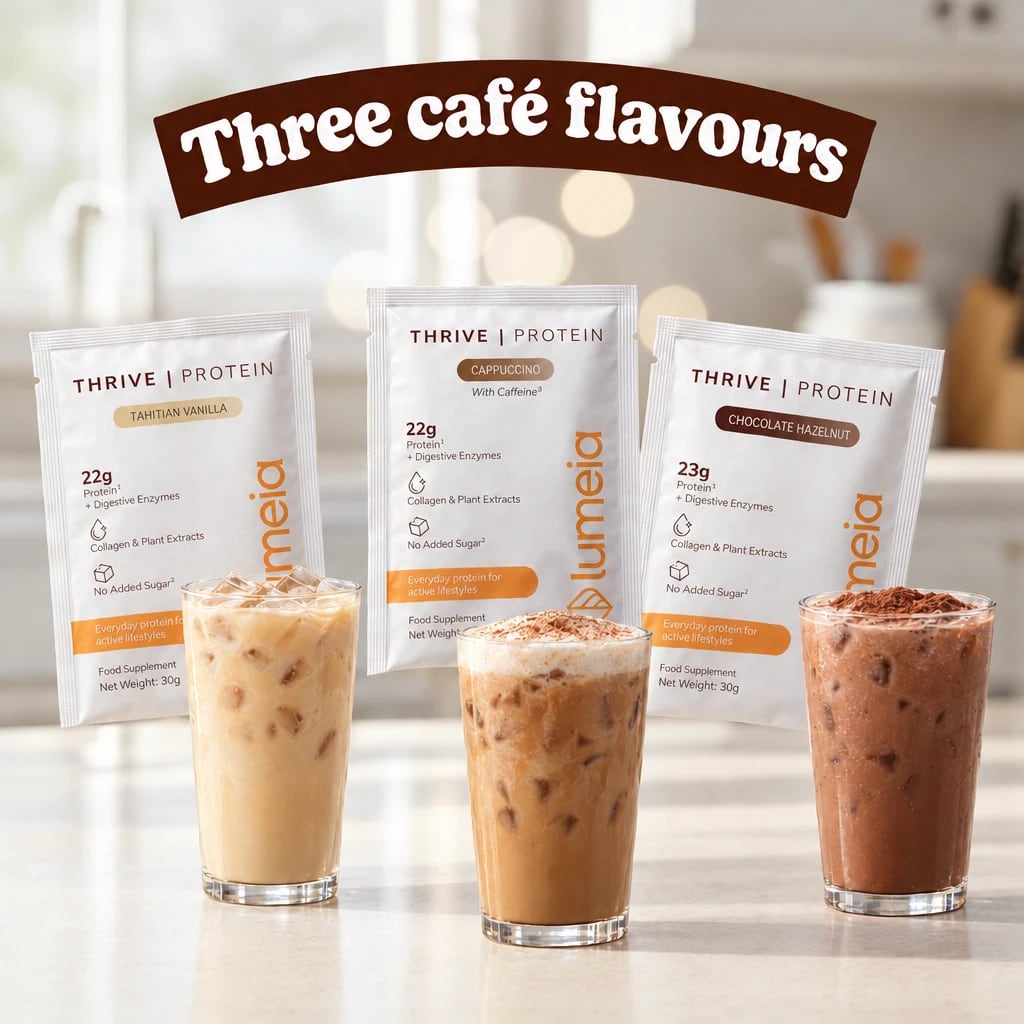 A static ad Selzee made for Lumeia: three protein sachets and three iced drinks under Three café flavours