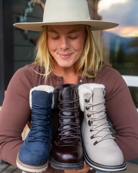 An ad by Royal Canadian in Meta's Ad Library: the same warm, waterproof boots in 3 new shades, over a woman holding a blue, a brown and a light gray boot