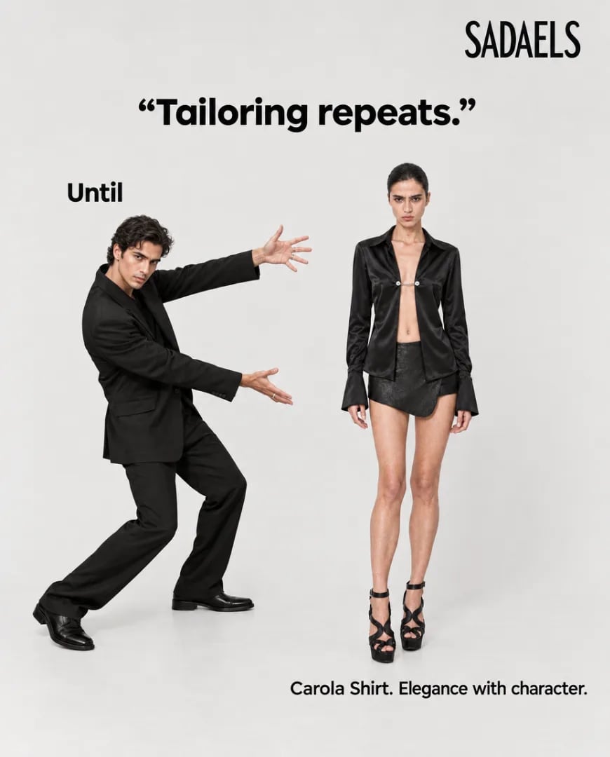 A static ad Selzee made for Sadaels in the same format: Tailoring repeats, Until, a man in a black suit pointing at a woman in the black Carola shirt