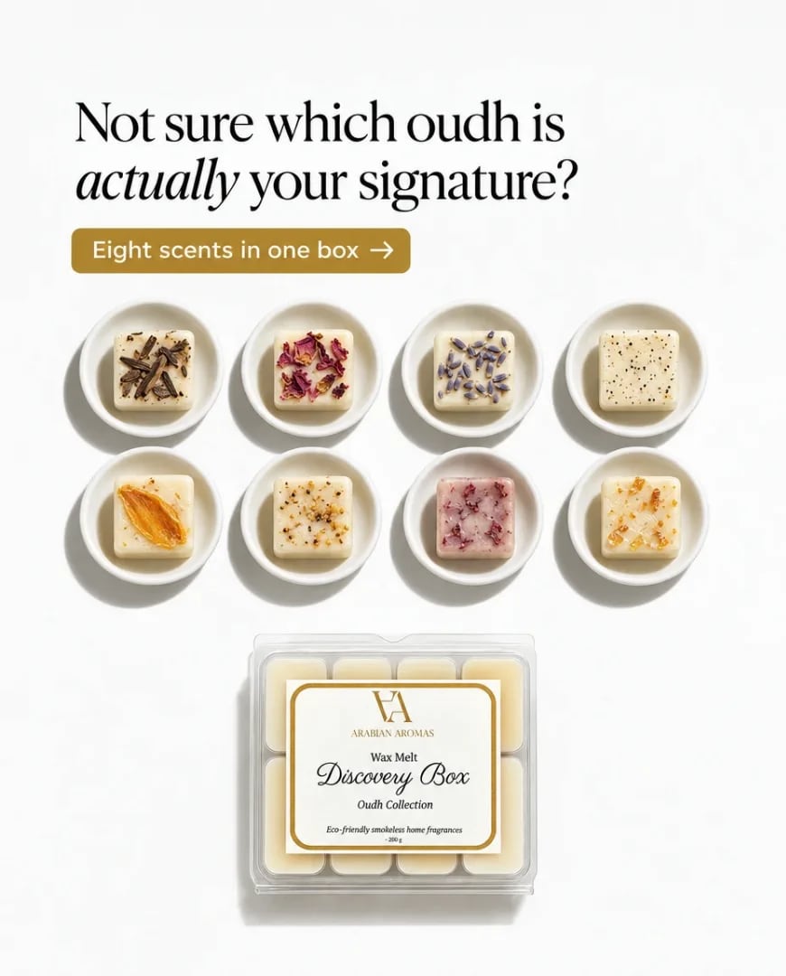 A static ad Selzee made for Arabian Aromas: eight oud samples in rows above a discovery box, under Not sure which oud is actually your signature?