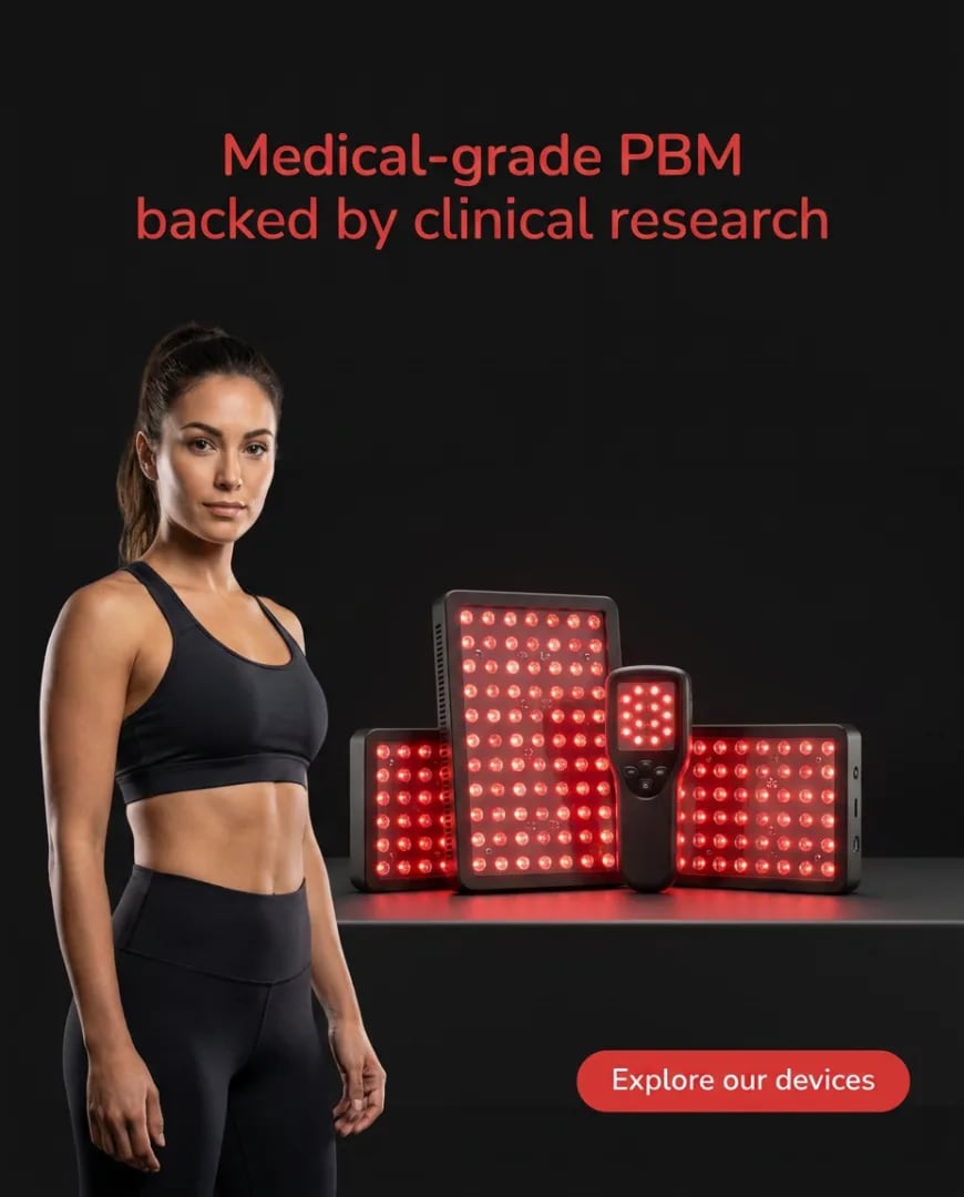 A static ad Selzee made for SunPowerLED: a woman in sportswear beside a red light therapy panel, under Medical-grade PBM backed by clinical research