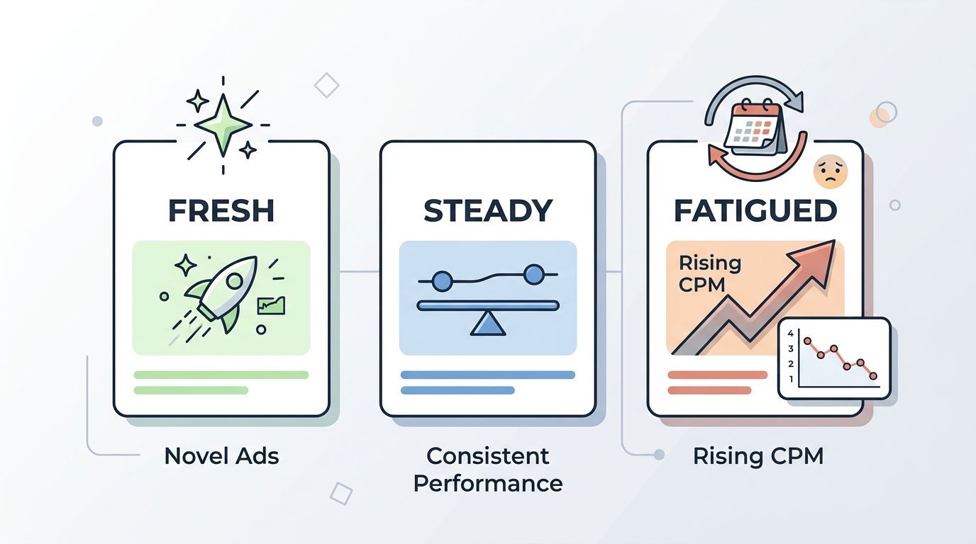A graphic showing three stages of ad lifecycle: fresh novel ads, steady consistent performance, and fatigued rising CPM.