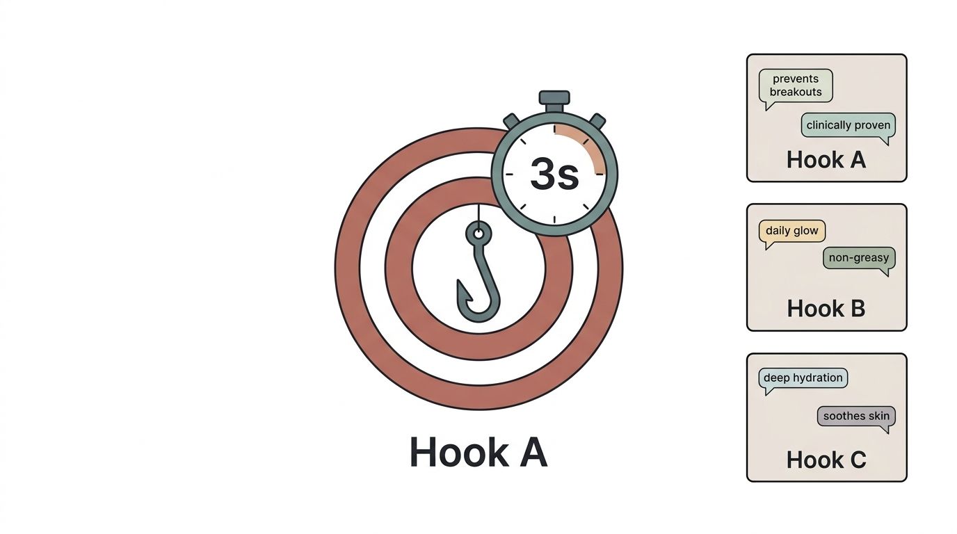 A digital graphic showcasing three Hook options A, B, and C with a timer and target symbol.