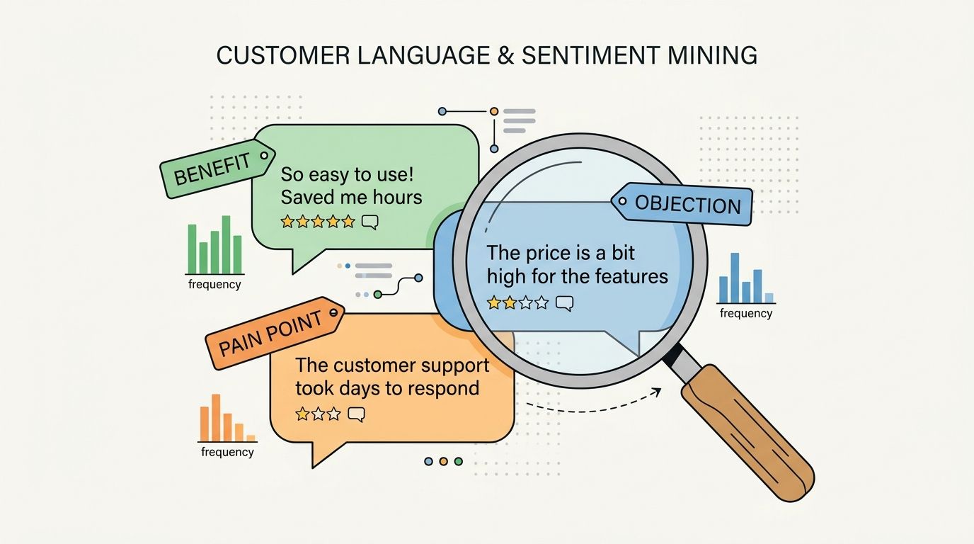An infographic illustrating customer language and sentiment mining techniques using text bubbles and a magnifying glass.