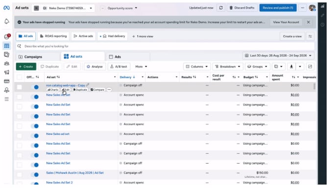 Meta's Ads Manager ad sets view from the audience discovery section of its 6 October 2026 post, with a Describe what you're looking for search bar