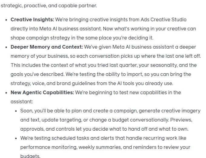 Meta's 6 October 2026 text: we're beginning to test new capabilities in the assistant, soon you'll be able to plan and create a campaign or change a budget conversationally