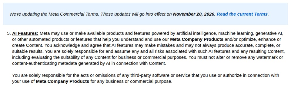 Meta Commercial Terms preview: updates go into effect on November 20, 2026, with the AI Features clause saying AI features may make mistakes