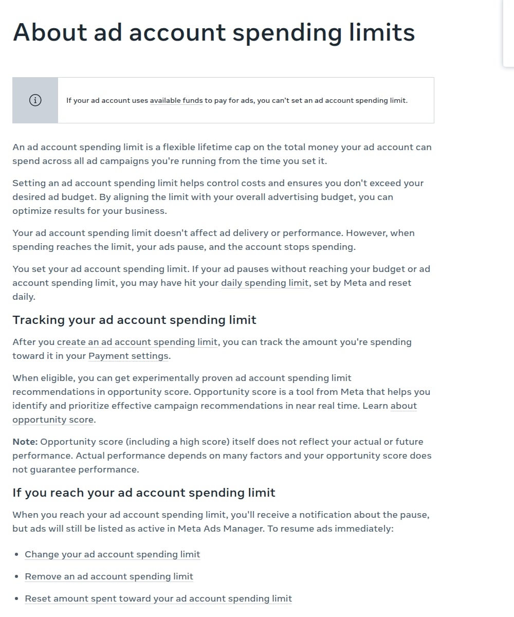 Meta Business Help Center, About ad account spending limits: a flexible lifetime cap, and your ads pause when spending reaches it