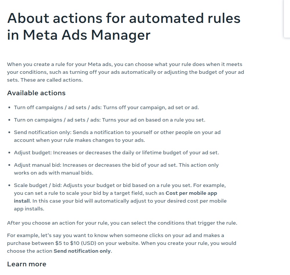 Meta Business Help Center, About actions for automated rules, with Send notification only among the actions