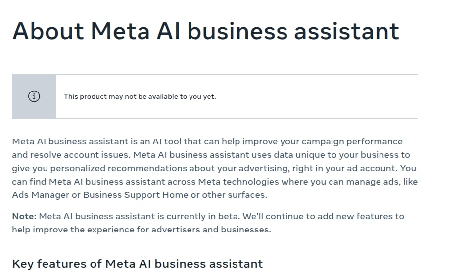 Meta Business Help Center, About Meta AI business assistant: This product may not be available to you yet, and the assistant is currently in beta