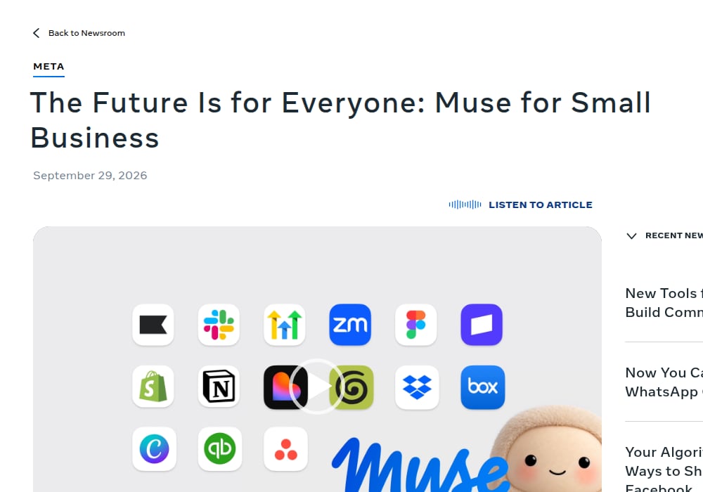 Meta's 29 September 2026 post The Future Is for Everyone: Muse for Small Business