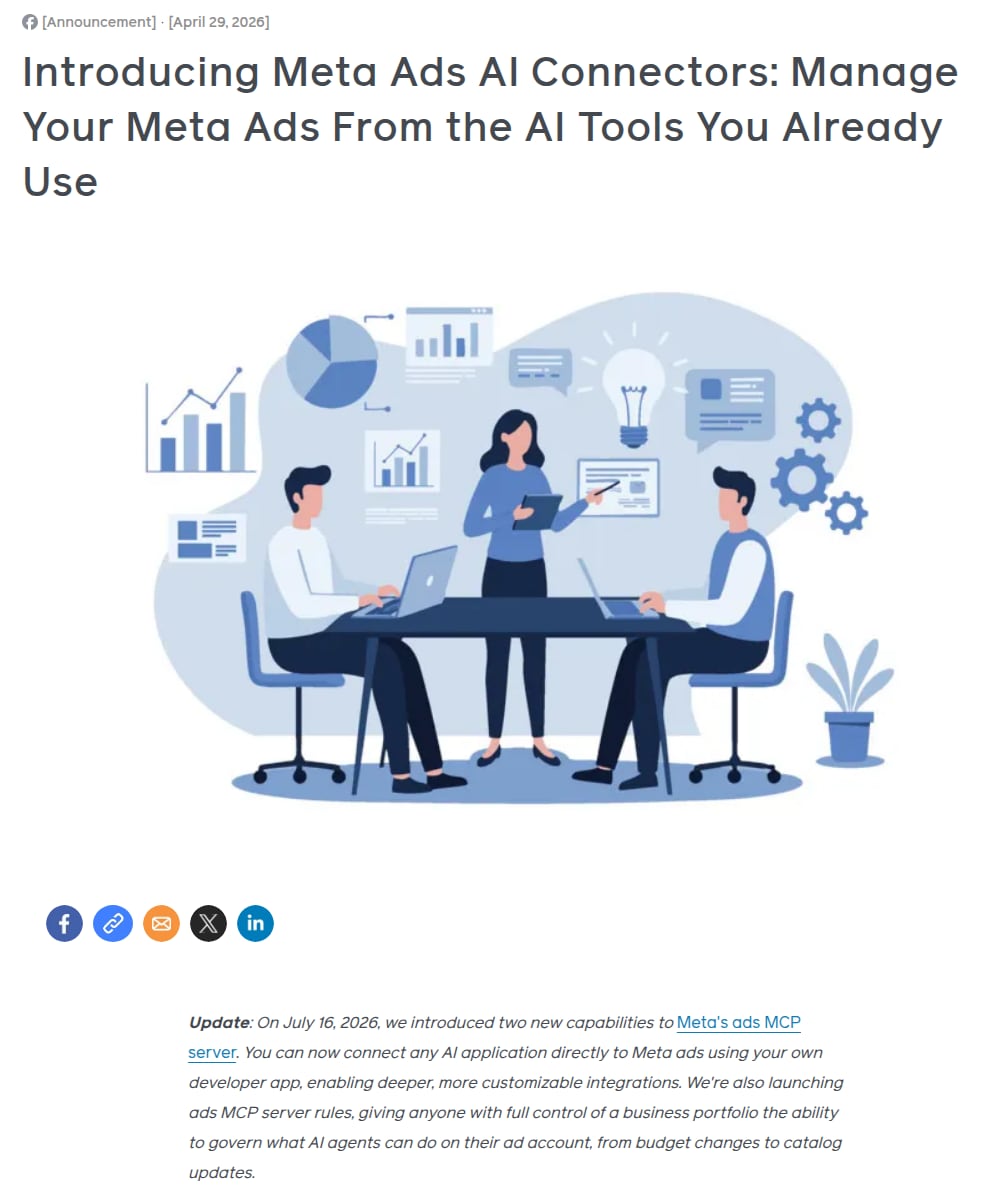 Meta's newsroom post Introducing Meta Ads AI Connectors, open beta from 29 April 2026, with the 16 July update note on Meta's ads MCP