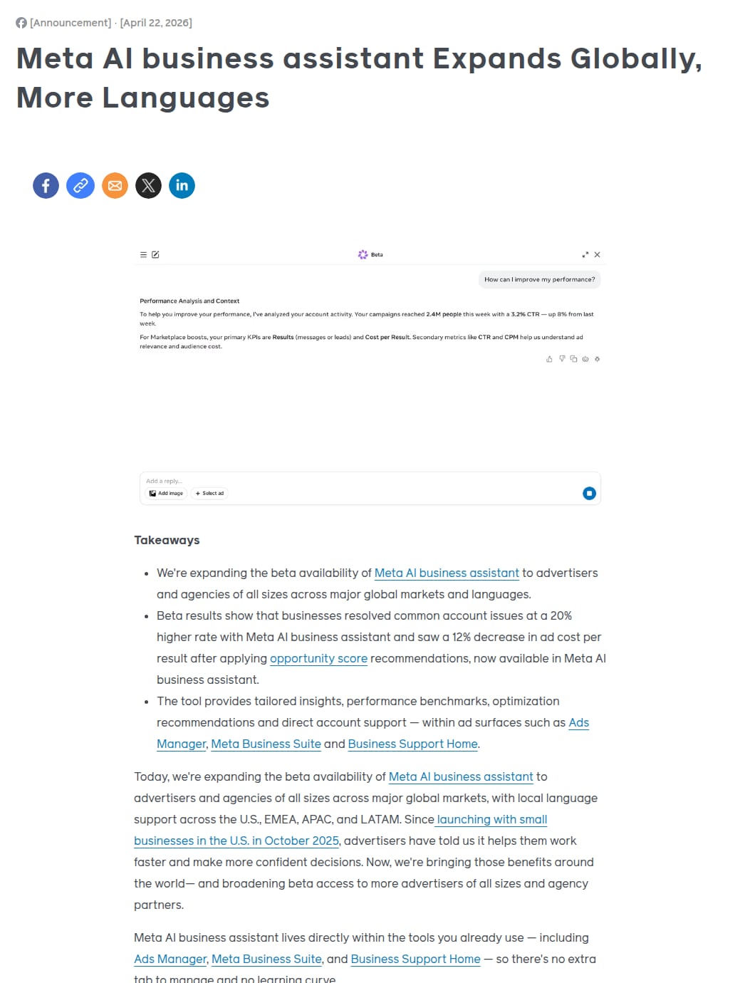 Meta's 22 April 2026 newsroom post Meta AI business assistant Expands Globally, More Languages, with the 20% and 12% beta results in its takeaways