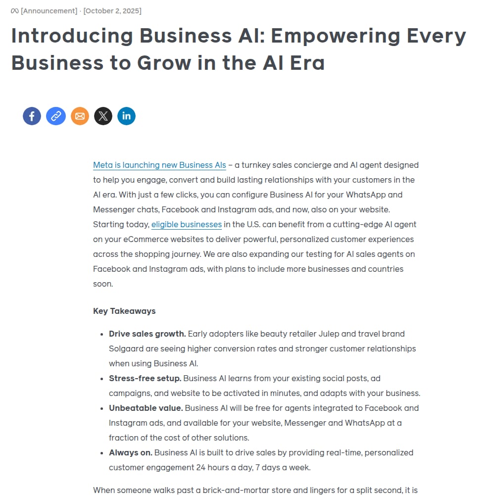 Meta's 2 October 2025 newsroom post Introducing Business AI, an AI agent for WhatsApp, Messenger, ads and websites