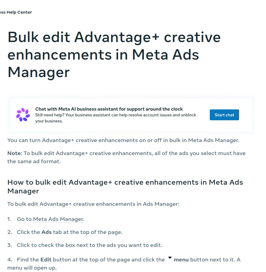 Meta Business Help Center: bulk edit Advantage+ creative enhancements in Meta Ads Manager