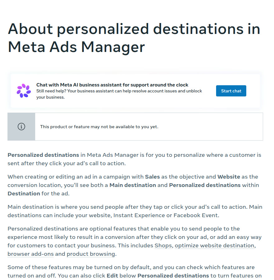 Meta Business Help Center article About personalized destinations in Meta Ads Manager