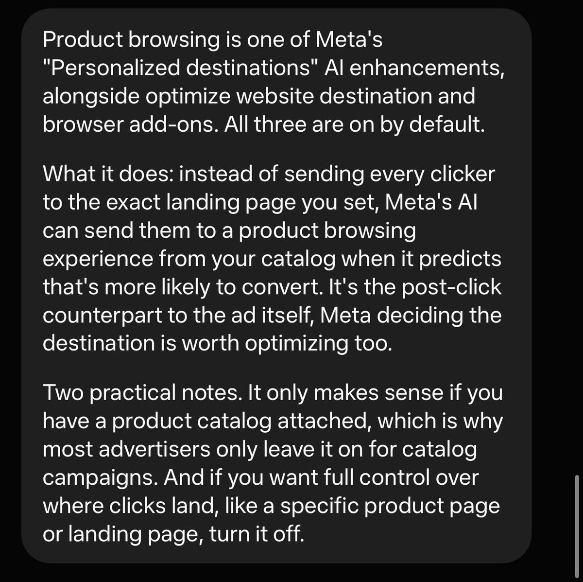 A Meta AI answer on product browsing: turn it off if you want full control over where clicks land