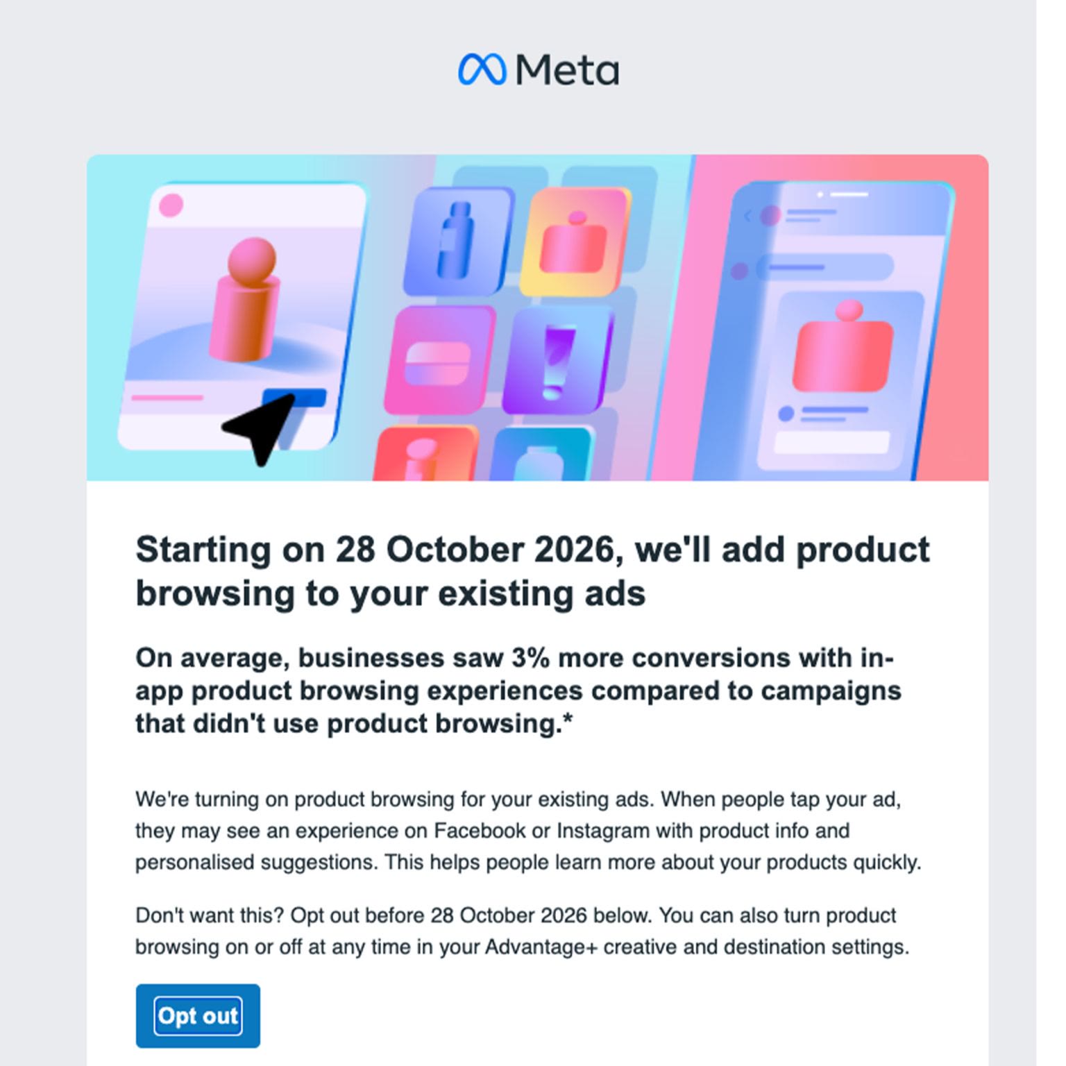 The same Meta notice in its email frame with the Meta logo, in UK English: Starting on 28 October 2026