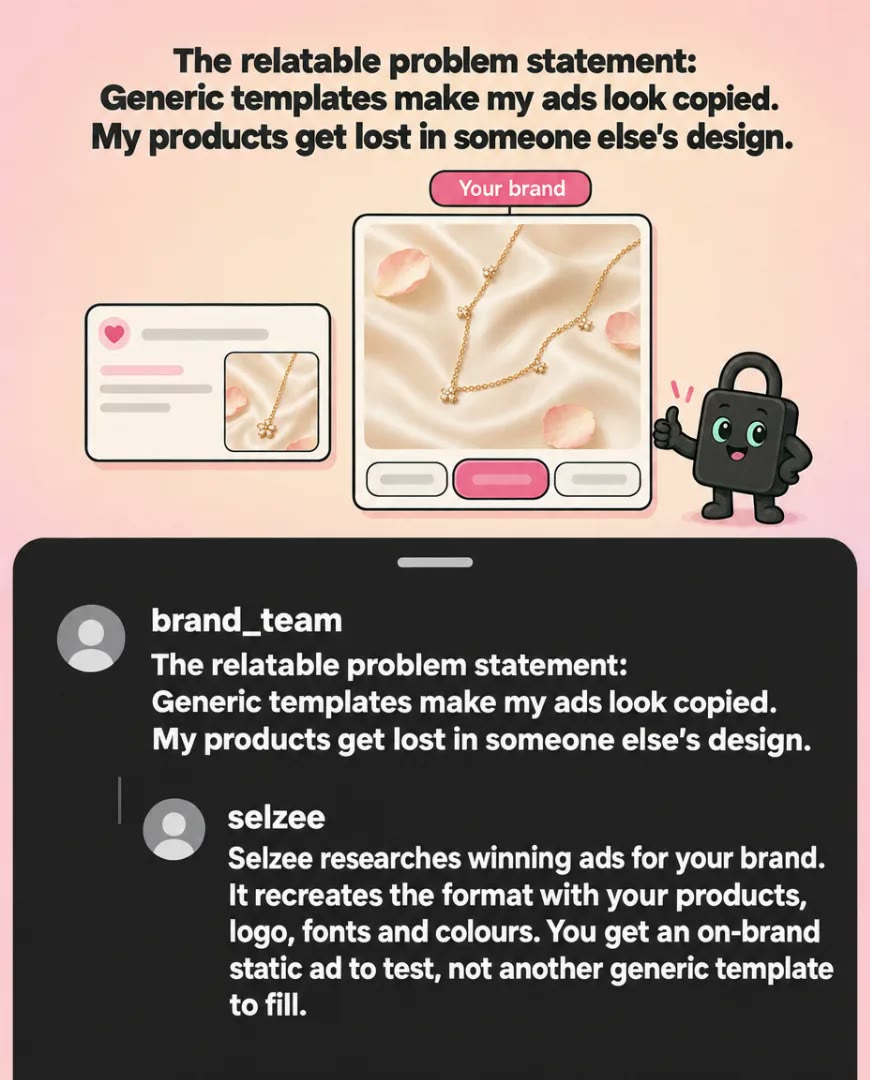 A static ad Selzee made for itself: generic templates make my ads look copied, answered with Selzee recreating winning ads with your products, logo, fonts and colours