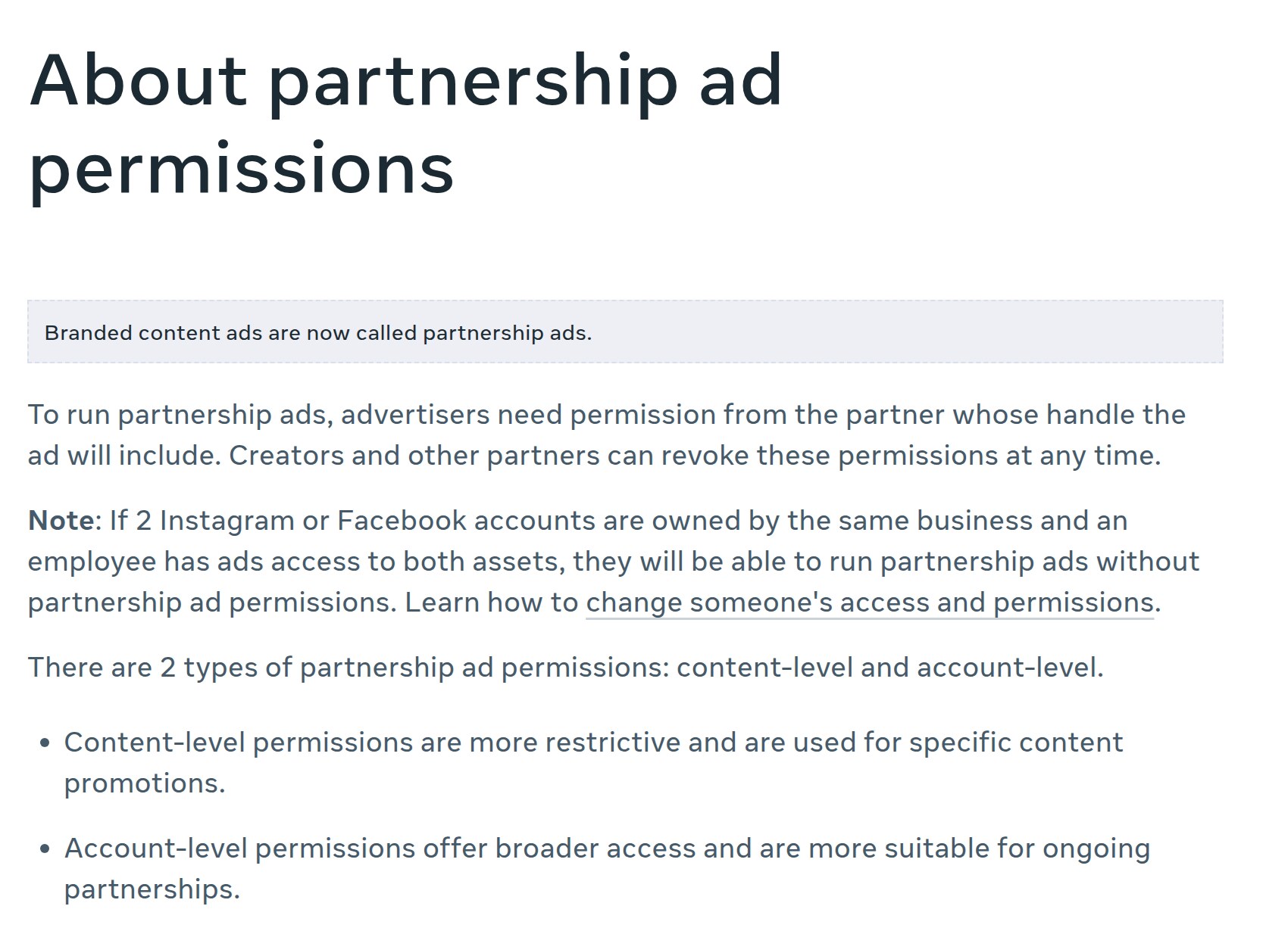 Meta's Business Help Center, About partnership ad permissions: advertisers need permission from the partner, and the note that two accounts owned by the same business, with one employee holding ads access to both, can run partnership ads without that permission