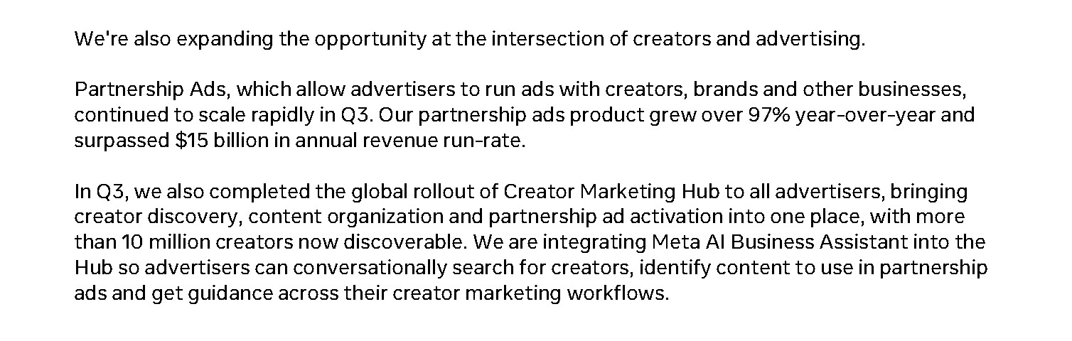 Meta's Q3 2026 earnings call transcript, 21 October 2026: Partnership Ads grew over 97% year over year and surpassed $15 billion in annual revenue run-rate, and Creator Marketing Hub rolled out to all advertisers with more than 10 million creators discoverable