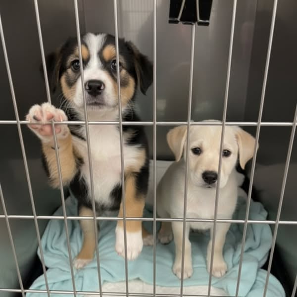 An ad in Meta's Ad Library for a pet adoption guide: two puppies sit behind cage bars, one with a paw raised against the wire