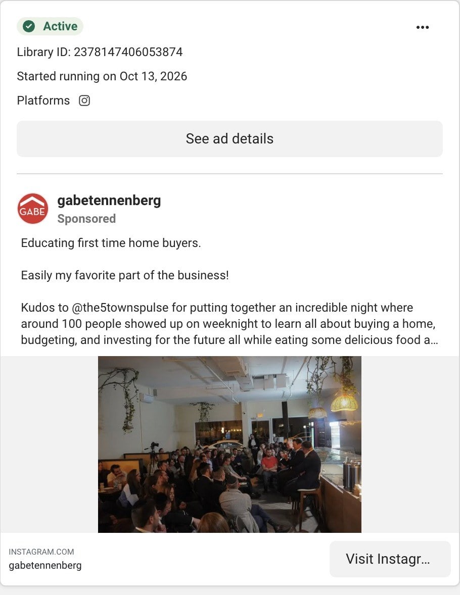 An Instagram post by Gabe Tennenberg in Meta's Ad Library about educating first-time home buyers, with a photo of a full room at an evening event