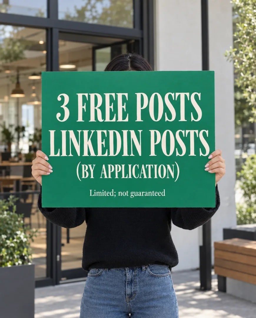 A Selzee-made ad for Ledgen: a woman outside a cafe holds a green sign that reads 3 free posts, LinkedIn posts, by application, limited, not guaranteed