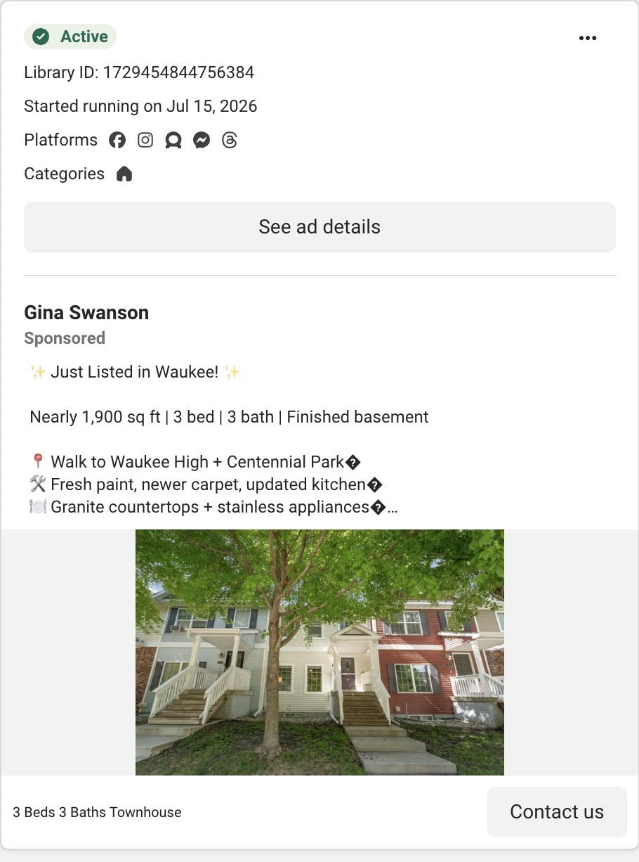 A Facebook post by Gina Swanson in Meta's Ad Library: Just listed in Waukee with nearly 1,900 square feet, 3 beds, 3 baths and a finished basement, over a photo of a row of townhouses