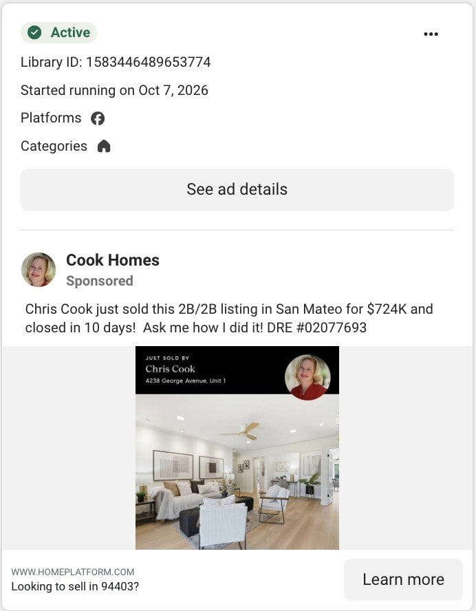 A Facebook post by Cook Homes in Meta's Ad Library: Chris Cook just sold a 2 bed, 2 bath listing in San Mateo for $724K and closed in 10 days, over a just sold card with a living room photo