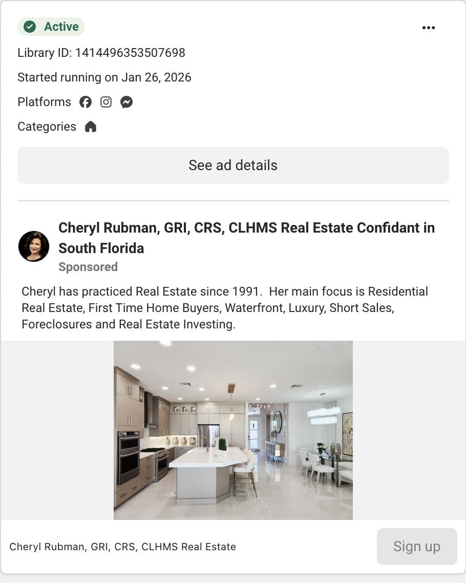 A Facebook post by Cheryl Rubman in Meta's Ad Library: she has practiced real estate since 1991, with a focus on residential, first-time buyers, waterfront and luxury, over a photo of a modern kitchen