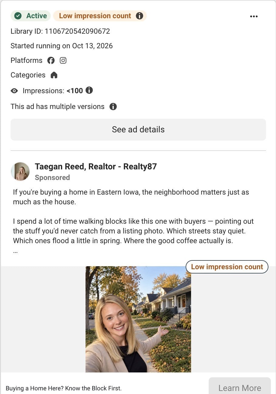 A Facebook post by Taegan Reed in Meta's Ad Library about why the neighborhood matters as much as the house, with a photo of the agent on a leafy street
