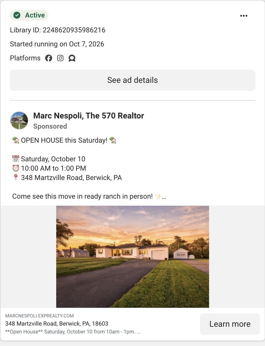A Facebook post by Marc Nespoli in Meta's Ad Library: Open house this Saturday, October 10, from 10 AM to 1 PM at 348 Martzville Road, over a photo of a ranch house at sunset