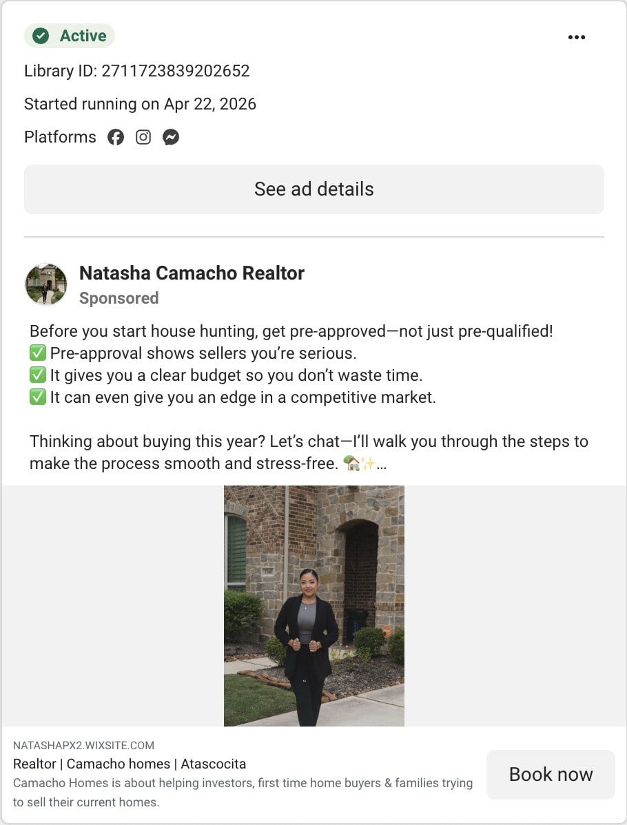 A Facebook post by Natasha Camacho in Meta's Ad Library: get pre-approved, not just pre-qualified, with three ticked reasons, over a photo of the agent in front of a house