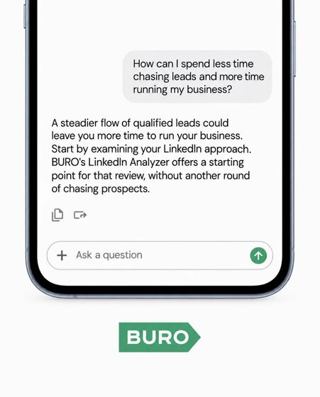 A static ad Selzee made for BURO: How can I spend less time chasing leads and more time running my business? A phone chat with a steadier flow of qualified leads as the answer