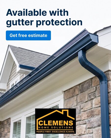 A static ad Selzee made for Clemens Home Solutions: Available with gutter protection, with a Get free estimate button