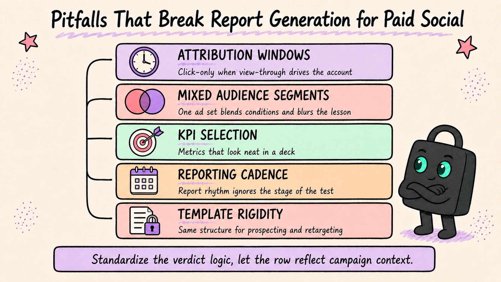 Hand-drawn infographic listing five pitfalls that break report generation for paid social: attribution windows, mixed audience segments, KPI selection, reporting cadence, template rigidity.