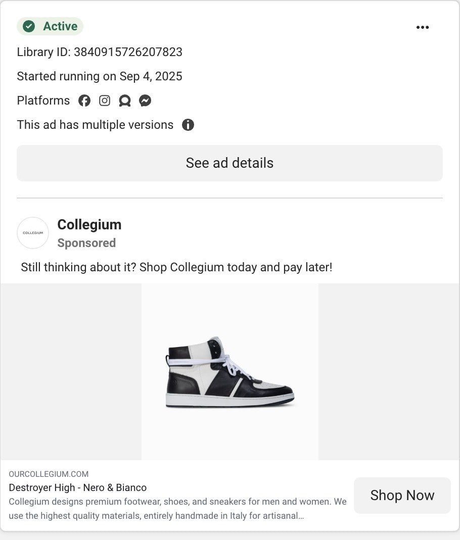 A Collegium ad in Meta's Ad Library: Still thinking about it? Shop Collegium today and pay later, over a black and white leather high-top sneaker