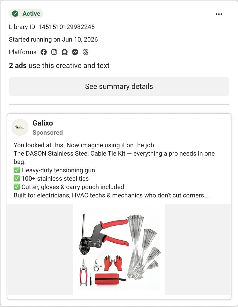 A Galixo ad in Meta's Ad Library: You looked at this, now imagine using it on the job, listing a cable tie kit with a tensioning gun, stainless ties, cutters and gloves