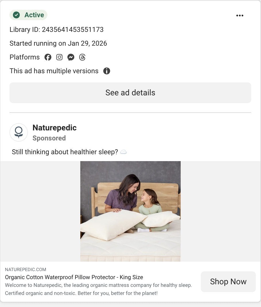A Naturepedic ad in Meta's Ad Library: Still thinking about healthier sleep, over a photo of a mother and daughter with pillows on an organic mattress