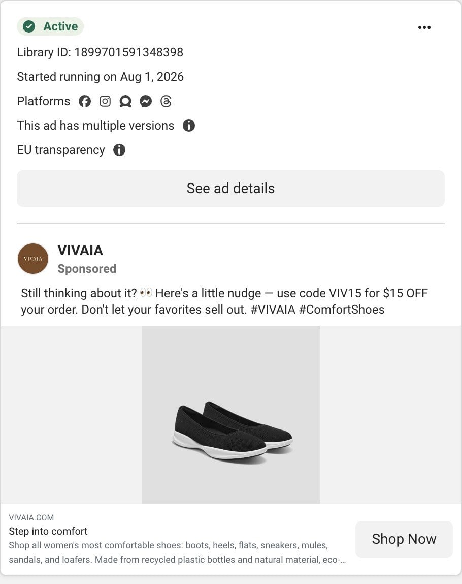 A VIVAIA ad in Meta's Ad Library: Still thinking about it, with a little nudge to use code VIV15 for $15 off, over a black knit flat shoe