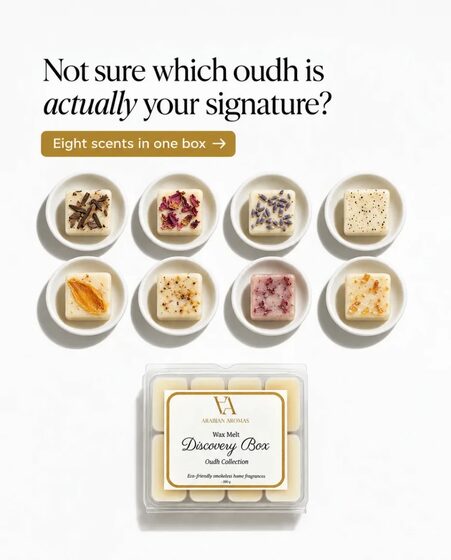 A static ad Selzee made for Arabian Aromas: Not sure which oudh is actually your signature? Eight scents in one box