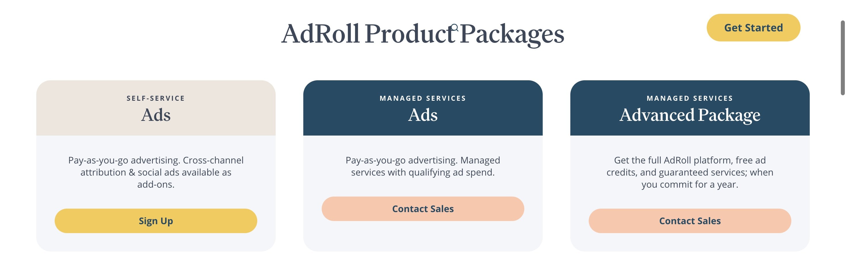 AdRoll's pricing page: three product packages, Self-Service Ads, Managed Services Ads and Managed Services Advanced Package, with no listed prices