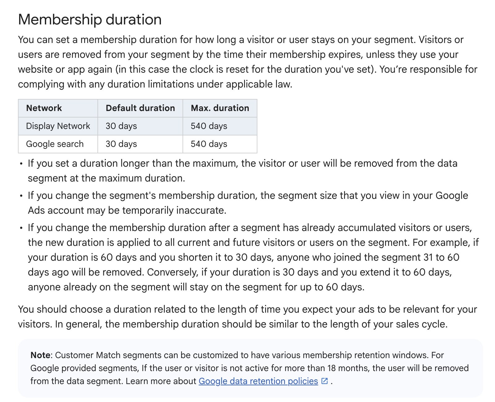 Google Ads Help, How your data segments work: the membership duration table with a 30 day default and a 540 day maximum for the Display Network and Google search