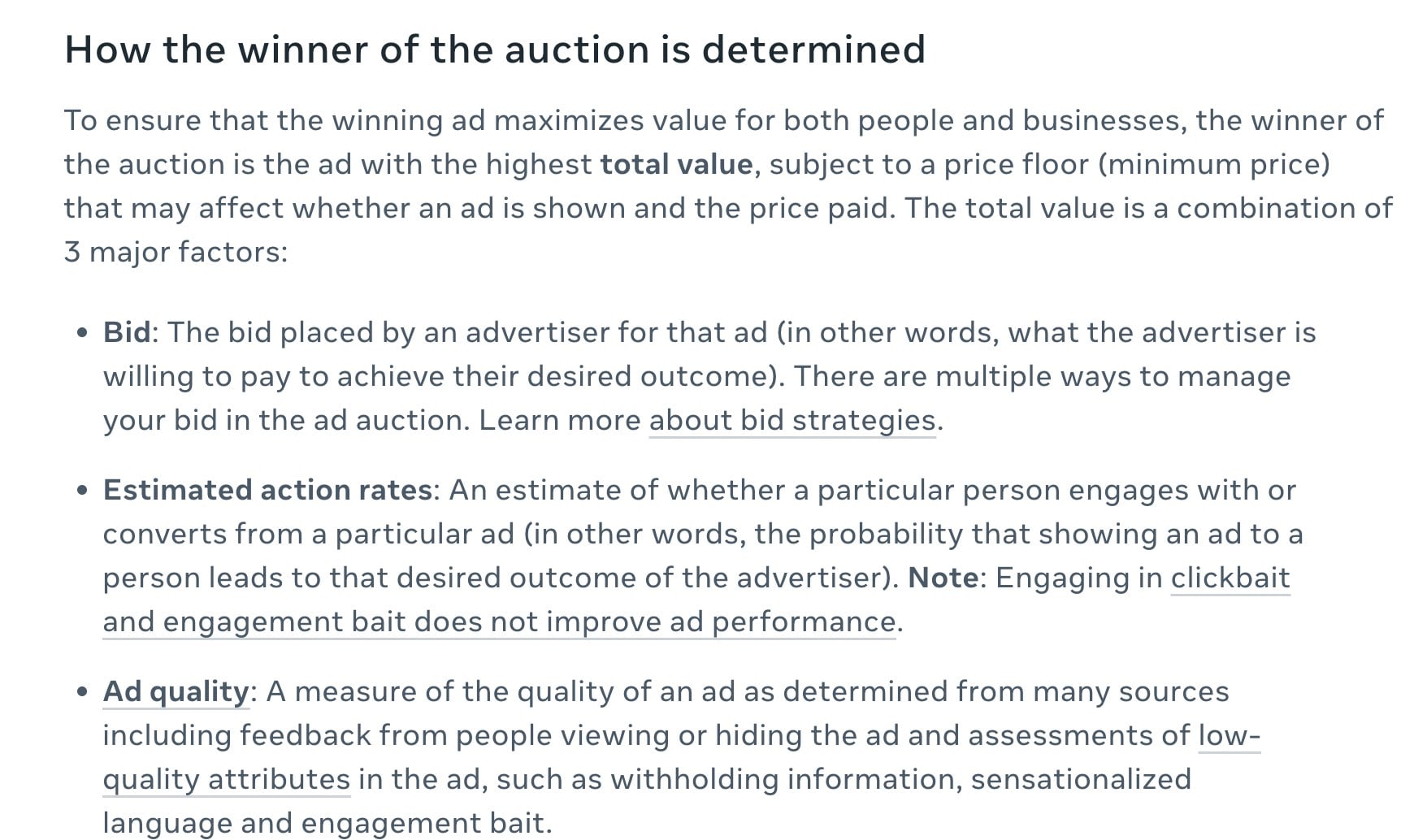 Meta's Business Help Center page on how the winner of the ad auction is determined: total value from the bid, estimated action rates and ad quality