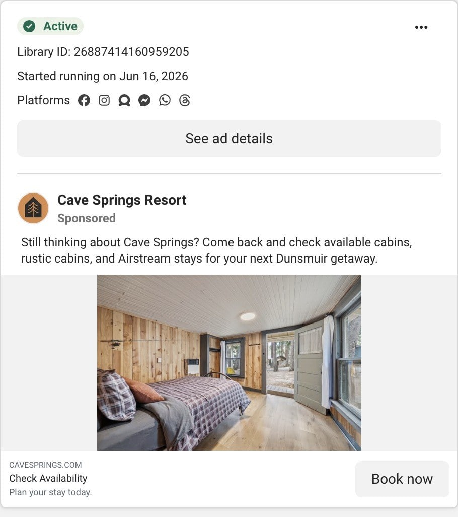 A Cave Springs Resort ad in Meta's Ad Library: Still thinking about Cave Springs? Come back and check available cabins, over a photo of a wood-panelled cabin bedroom